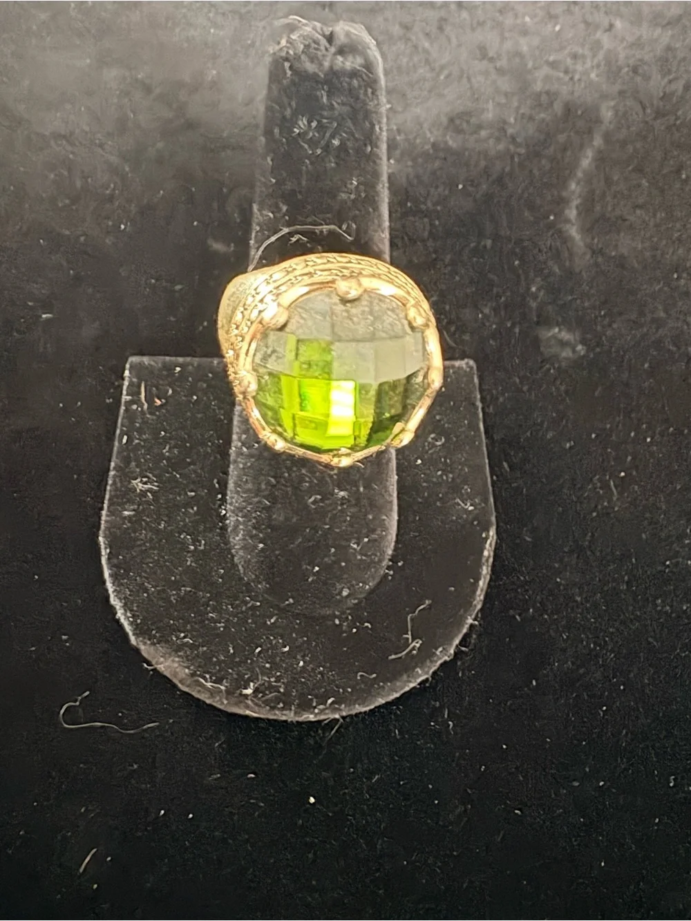 Heavy Crown Gold-Tone Statement Ring with Dark Green Stone